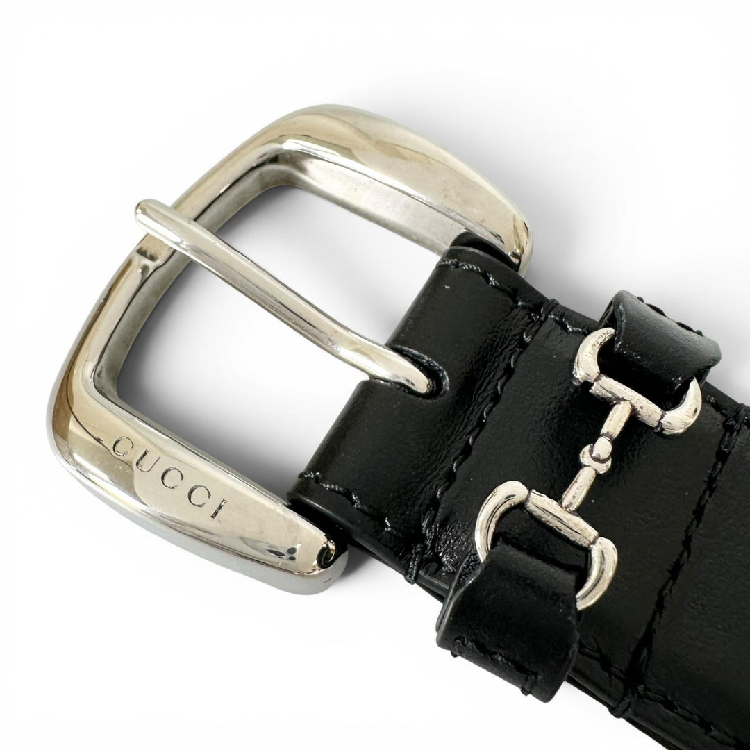 極美品▲GUCCI グッチ 700338 ホースビット ピンバックル レザー ベルト ブラック シルバー金具 80/32 イタリア製 レディース