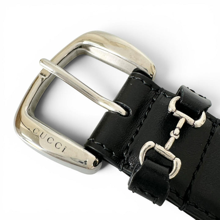極美品▲GUCCI グッチ 700338 ホースビット ピンバックル レザー ベルト ブラック シルバー金具 80/32 イタリア製 レディース