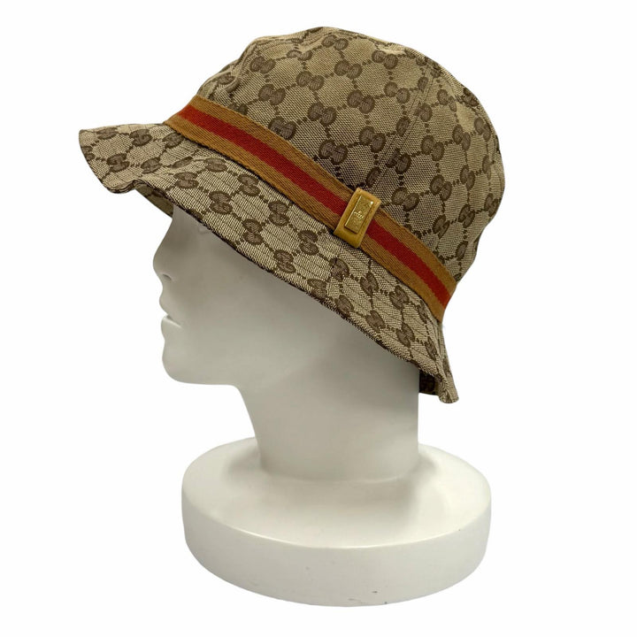 良品★GUCCI グッチ レザー使い ロゴ金具付 GGキャンバス シェリーライン バケットハット 帽子 ベージュ L イタリア製 レディース