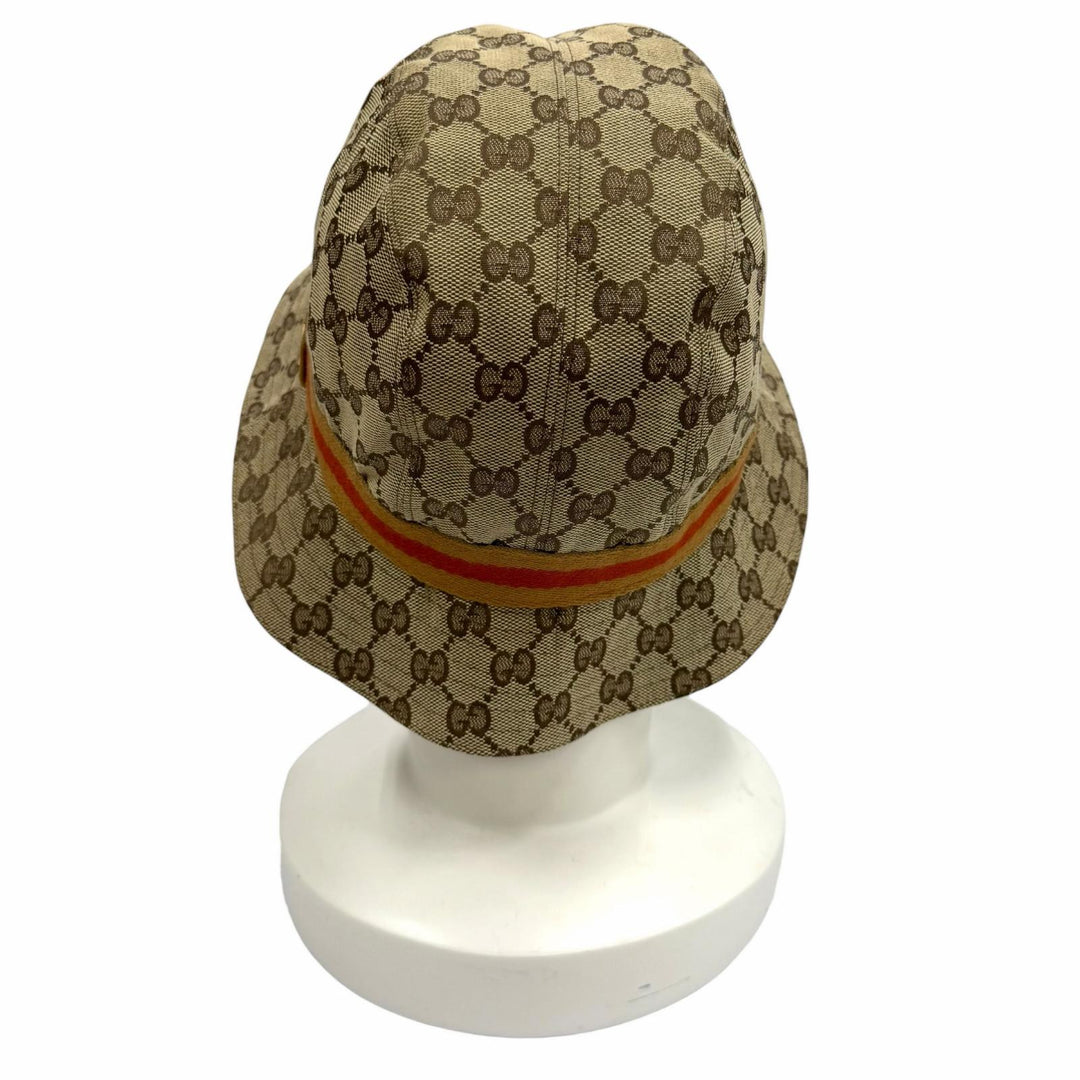 良品★GUCCI グッチ レザー使い ロゴ金具付 GGキャンバス シェリーライン バケットハット 帽子 ベージュ L イタリア製 レディース