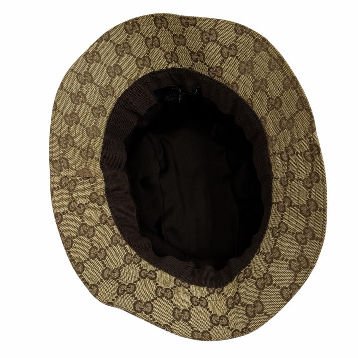 良品★GUCCI グッチ レザー使い ロゴ金具付 GGキャンバス シェリーライン バケットハット 帽子 ベージュ L イタリア製 レディース
