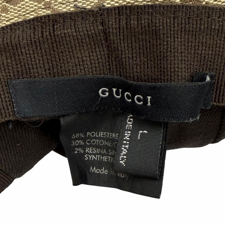 良品★GUCCI グッチ レザー使い ロゴ金具付 GGキャンバス シェリーライン バケットハット 帽子 ベージュ L イタリア製 レディース