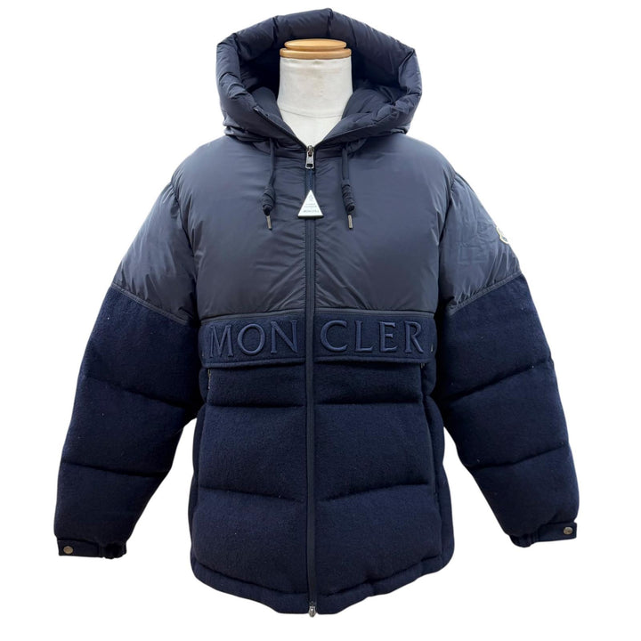 美品▼MONCLER モンクレール ANDRES ロゴ刺繍 フーデッド ダブルジップアップ ダウンジャケット ネイビー 2 正規品 メンズ ハンガー付き