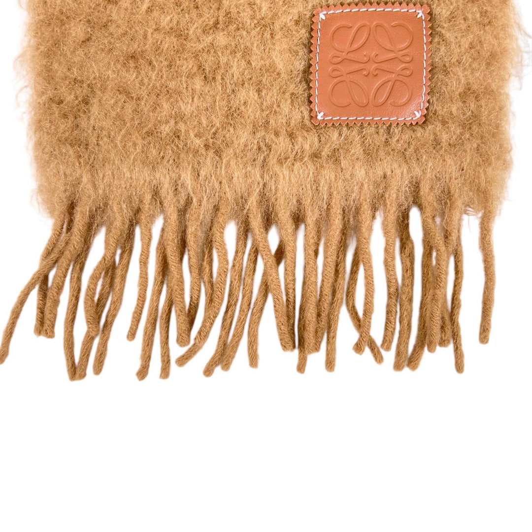 極美品▲LOEWE ロエベ モヘア ウール アナグラムレザーパッチ フリンジ マフラー ブラウン スペイン製 正規品 レディース