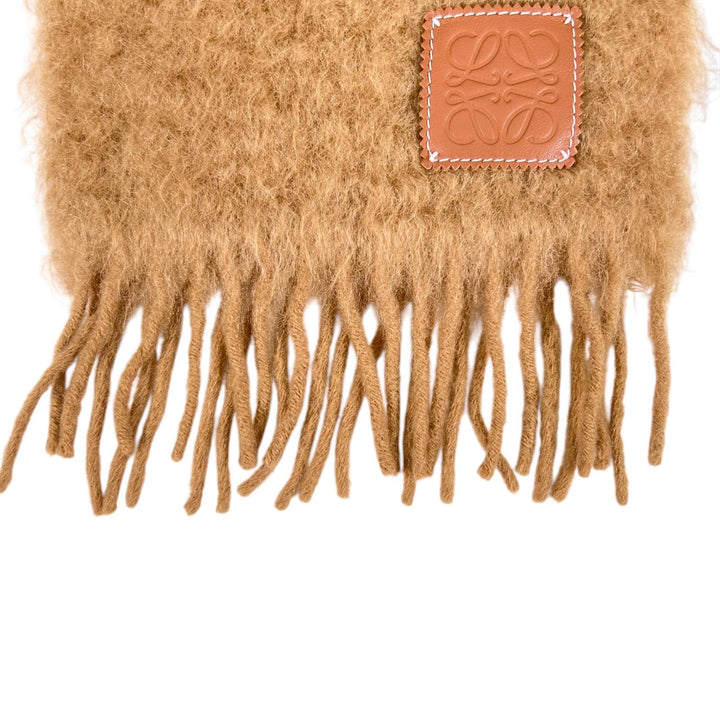 極美品▲LOEWE ロエベ モヘア ウール アナグラムレザーパッチ フリンジ マフラー ブラウン スペイン製 正規品 レディース