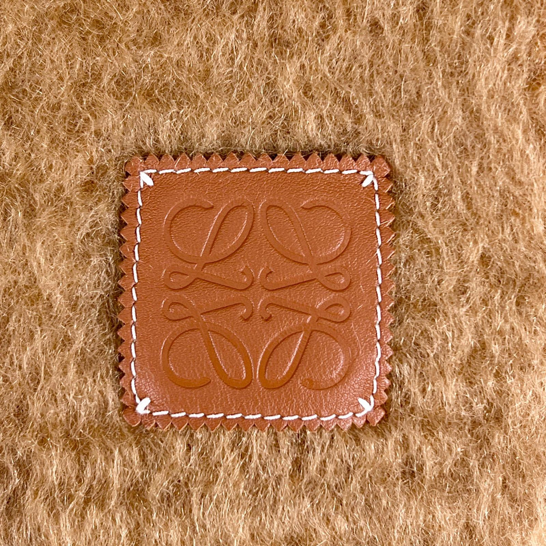 極美品▲LOEWE ロエベ モヘア ウール アナグラムレザーパッチ フリンジ マフラー ブラウン スペイン製 正規品 レディース