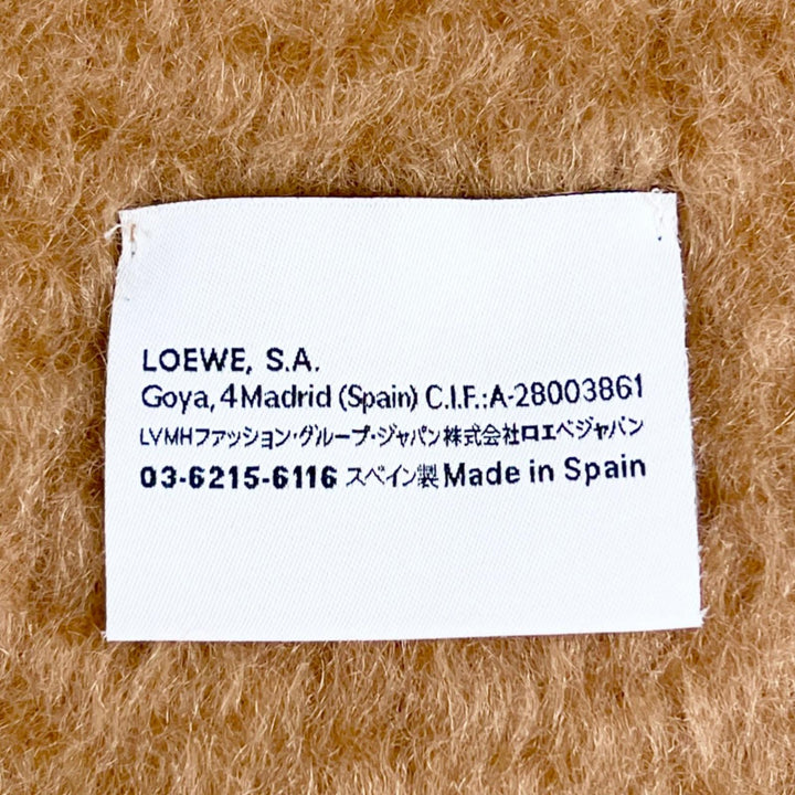 極美品▲LOEWE ロエベ モヘア ウール アナグラムレザーパッチ フリンジ マフラー ブラウン スペイン製 正規品 レディース