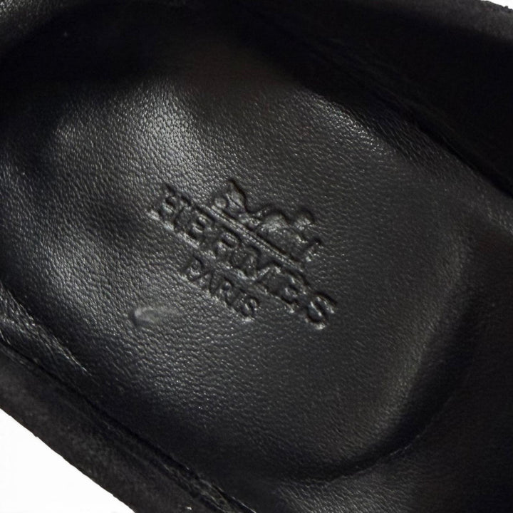 美品★HERMES エルメス モカシン ロワイヤル シルバー金具 ロゴプレート付 スウェードレザー ローファー ブラック 37.5 箱・保存袋付き
