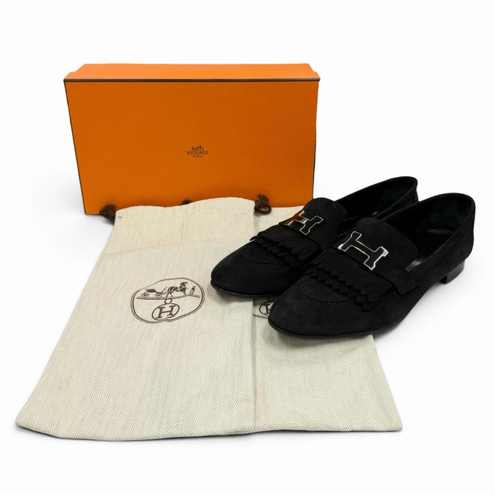 美品★HERMES エルメス モカシン ロワイヤル シルバー金具 ロゴプレート付 スウェードレザー ローファー ブラック 37.5 箱・保存袋付き
