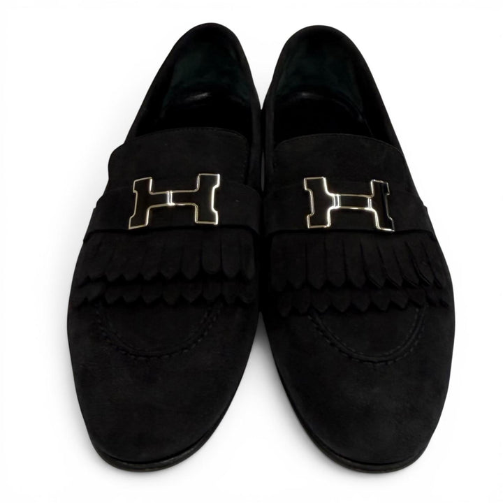 美品★HERMES エルメス モカシン ロワイヤル シルバー金具 ロゴプレート付 スウェードレザー ローファー ブラック 37.5 箱・保存袋付き