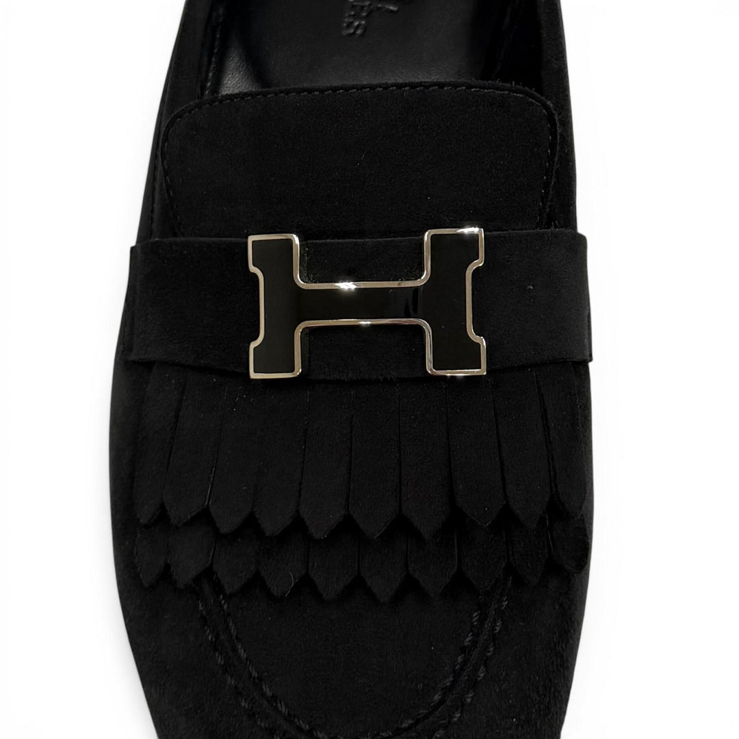美品★HERMES エルメス モカシン ロワイヤル シルバー金具 ロゴプレート付 スウェードレザー ローファー ブラック 37.5 箱・保存袋付き