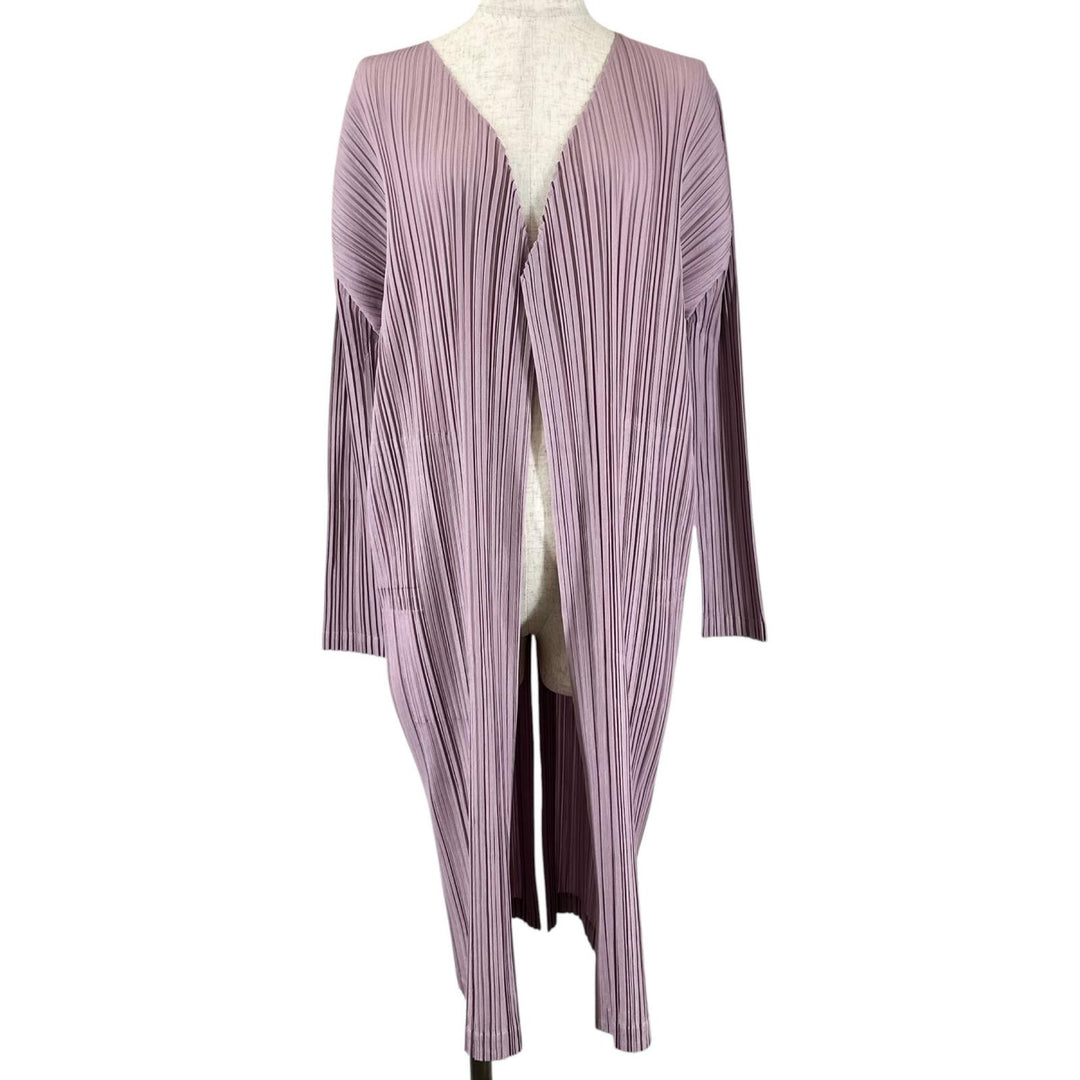 美品▲PLEATS PLEASE プリーツプリーズ イッセイミヤケ PP81-JA563 ロング カーディガン ライトパープル 3 日本製 正規品 レディース