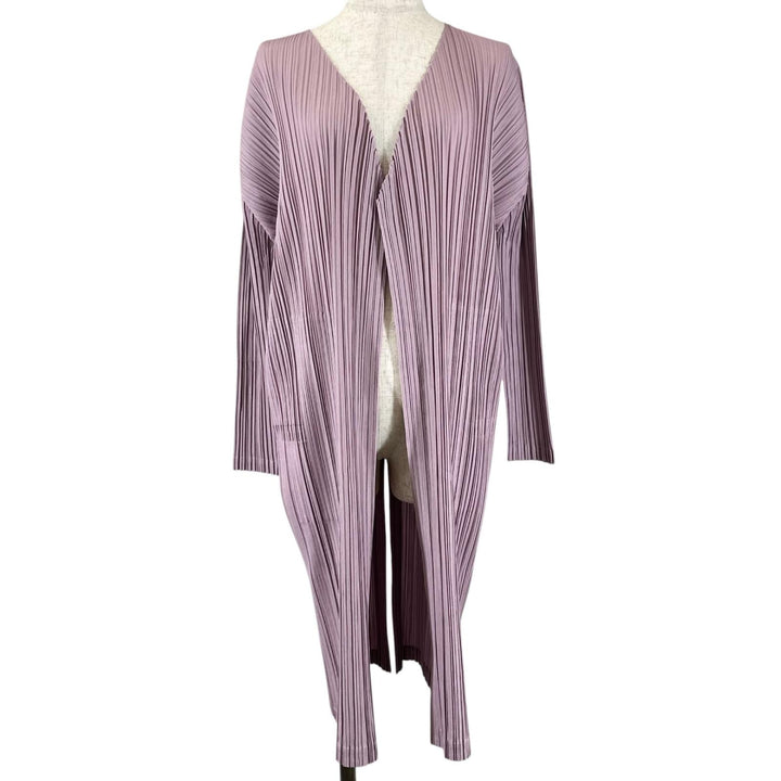 美品▲PLEATS PLEASE プリーツプリーズ イッセイミヤケ PP81-JA563 ロング カーディガン ライトパープル 3 日本製 正規品 レディース