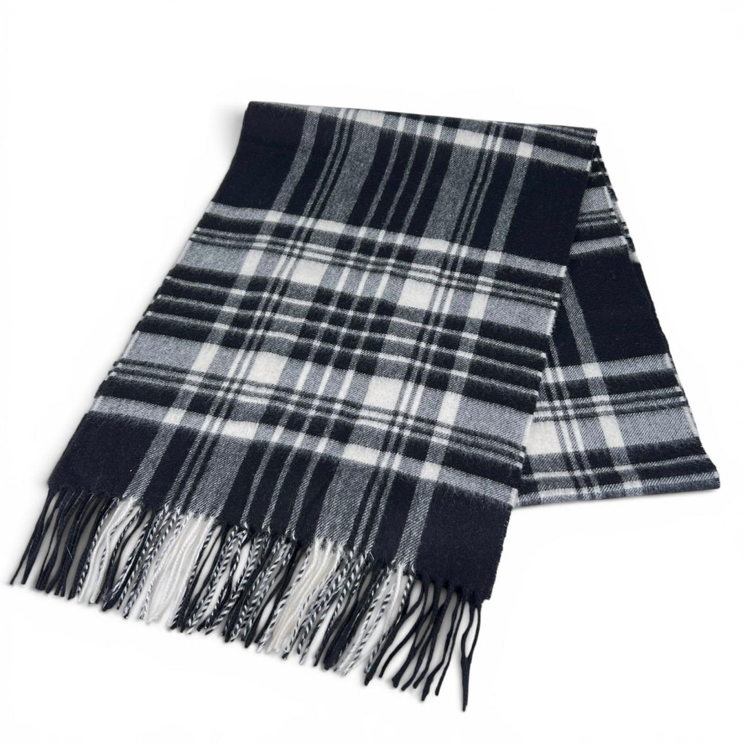 極美品▲Johnstons of Elgin ジョンストンズ オブ エルガン WA000057 KU0079 カシミヤ100％ チェック マフラー ブラック ホワイト メンズ