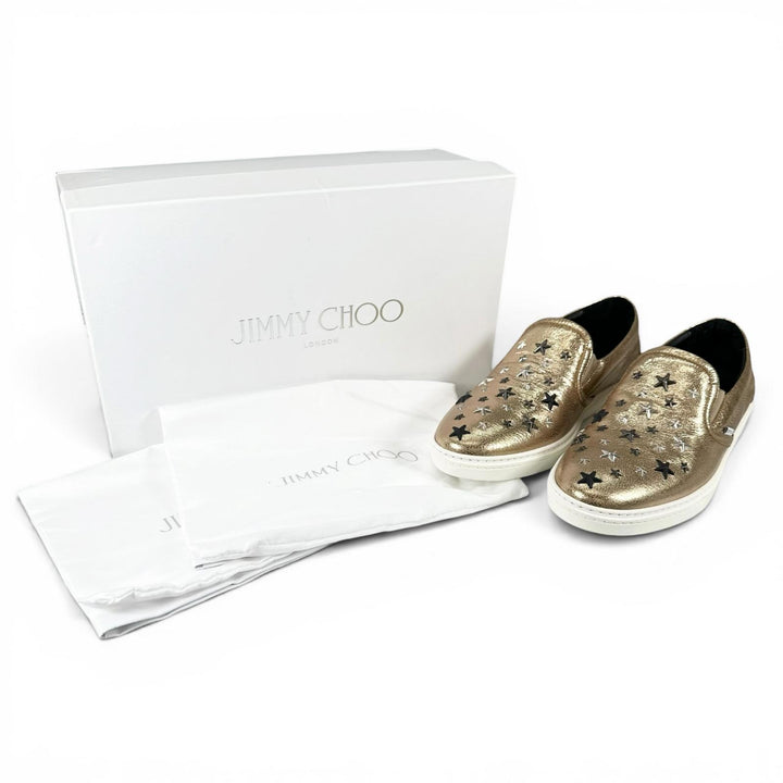 未使用品▲JIMMY CHOO ジミーチュウ GROVE グローブ スタースタッズ レザー スリッポン ゴールド 43 イタリア製 メンズ 箱・保存袋付き