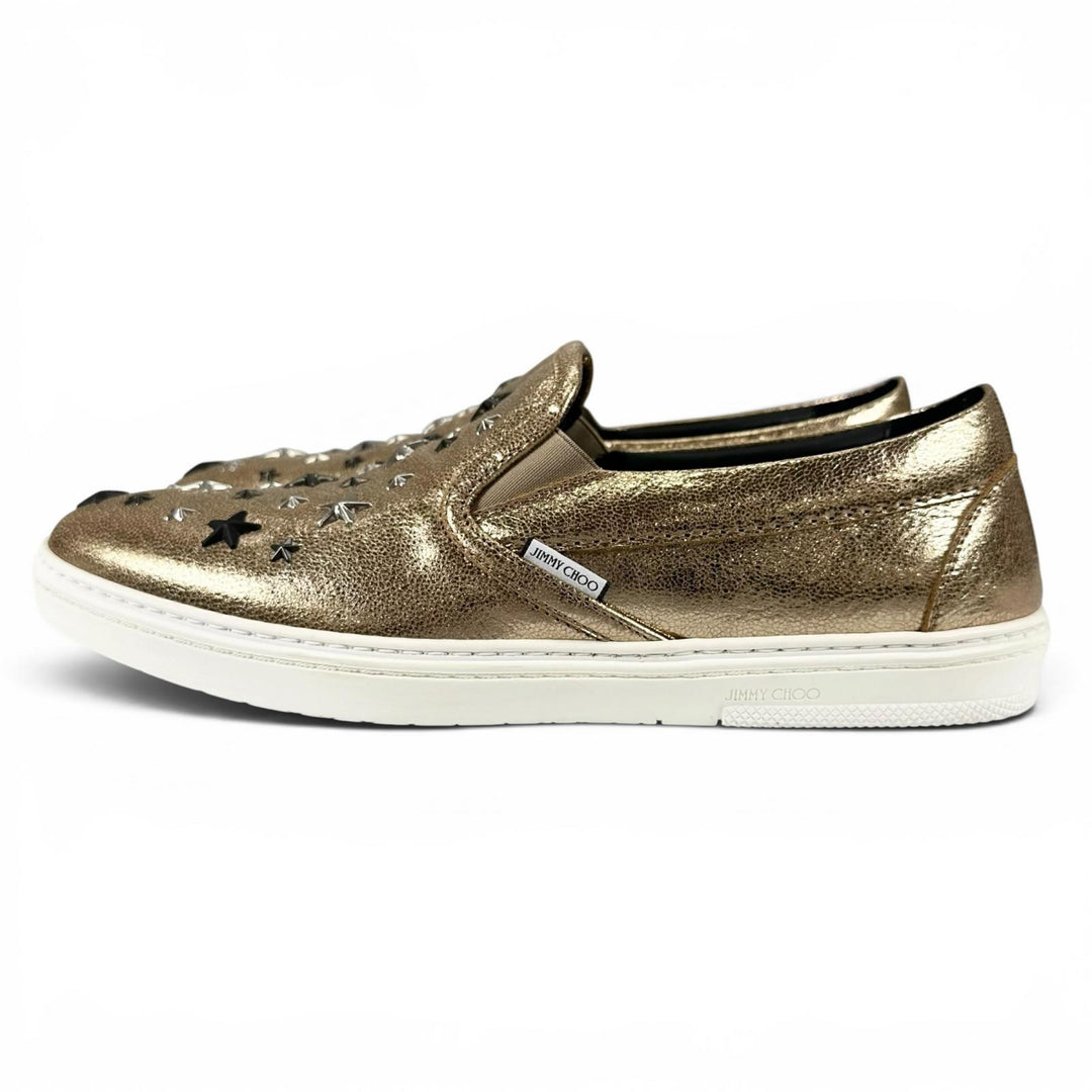 未使用品▲JIMMY CHOO ジミーチュウ GROVE グローブ スタースタッズ レザー スリッポン ゴールド 43 イタリア製 メンズ 箱・保存袋付き