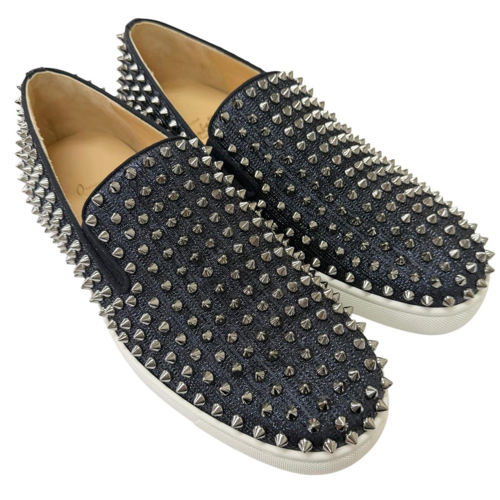 美品□Christian Louboutin クリスチャンルブタン ローラーボート スパイクスタッズ スリッポン ネイビー 41.5 イタリア製 箱・保存袋付