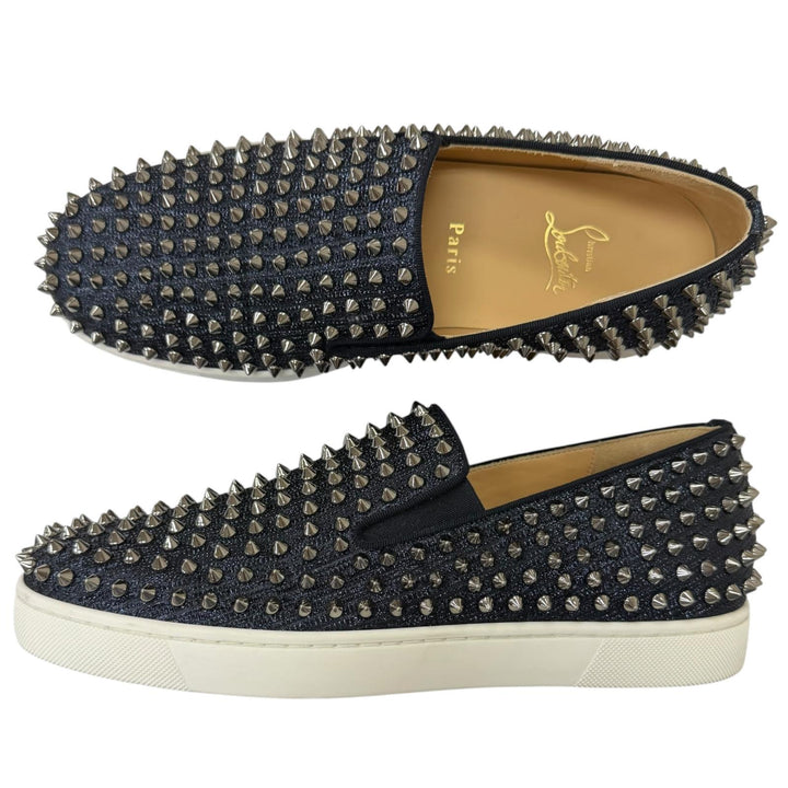 美品□Christian Louboutin クリスチャンルブタン ローラーボート スパイクスタッズ スリッポン ネイビー 41.5 イタリア製 箱・保存袋付