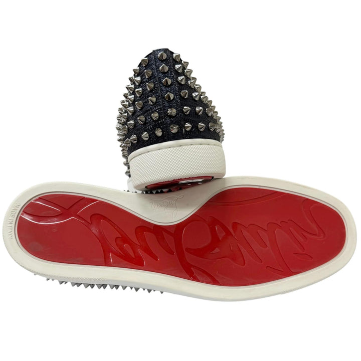 美品□Christian Louboutin クリスチャンルブタン ローラーボート スパイクスタッズ スリッポン ネイビー 41.5 イタリア製 箱・保存袋付