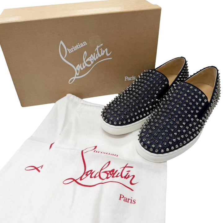 美品□Christian Louboutin クリスチャンルブタン ローラーボート スパイクスタッズ スリッポン ネイビー 41.5 イタリア製 箱・保存袋付
