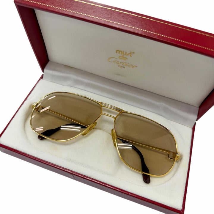 極美品□Cartier カルティエ ヴィンテージ トリニティ ツーブリッジ サングラス アイウェア ゴールド ボルドー 62□14 フランス製 メンズ