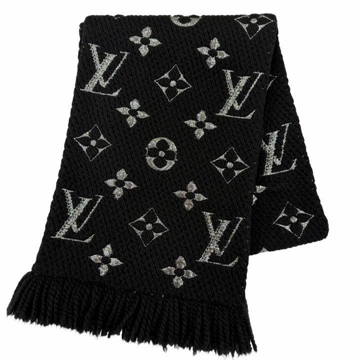 美品☆LOUIS VUITTON ルイヴィトン M75833 エシャルプ・ロゴマニア シャイン ウール シルク ノワール フリンジ付 マフラー 伊製 正規品