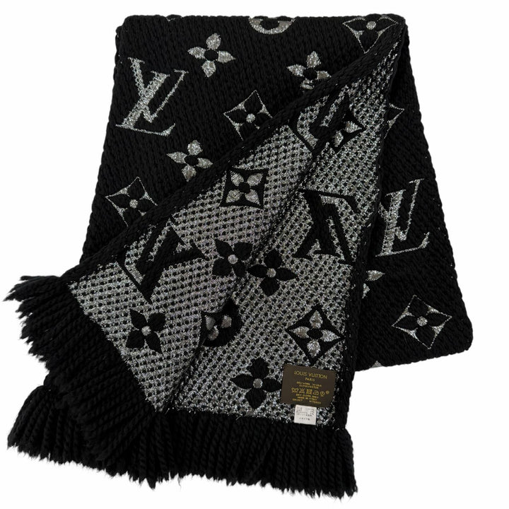 美品☆LOUIS VUITTON ルイヴィトン M75833 エシャルプ・ロゴマニア シャイン ウール シルク ノワール フリンジ付 マフラー 伊製 正規品