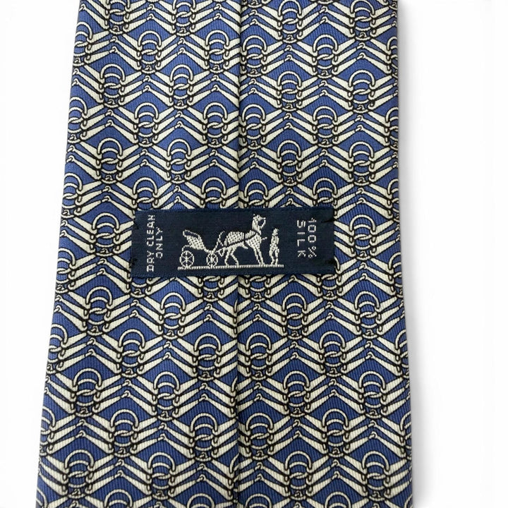 極美品□HERMES エルメス 7824 UA シルク100% ホースビット 総柄 ネクタイ レギュラータイ ブルー フランス製 メンズオススメ◎ 箱付き