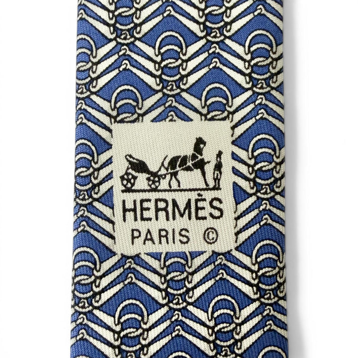 極美品□HERMES エルメス 7824 UA シルク100% ホースビット 総柄 ネクタイ レギュラータイ ブルー フランス製 メンズオススメ◎ 箱付き
