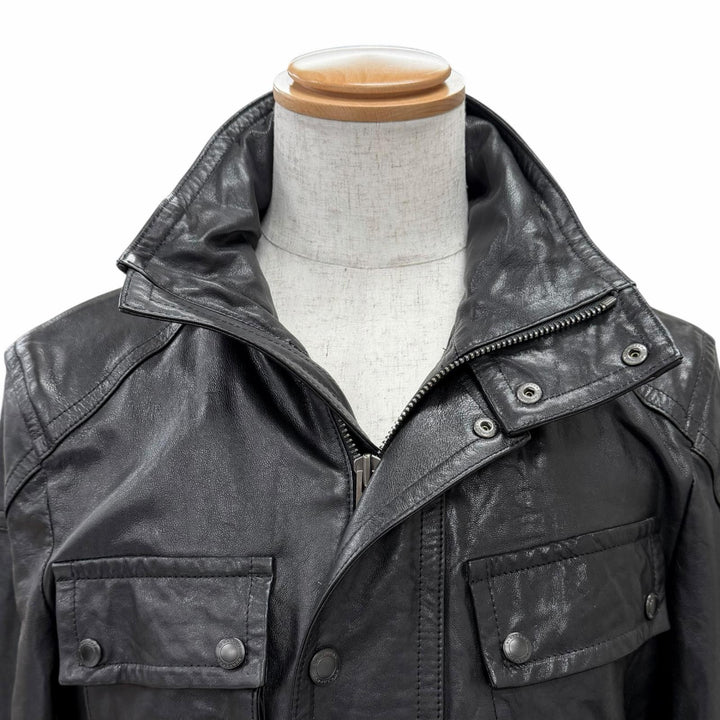 良品△BURBERRY LONDON バーバリーロンドン 裏地ノバチェック柄 ラムレザー ライダースコート ブラック L 正規品 ガーメント・ハンガー付