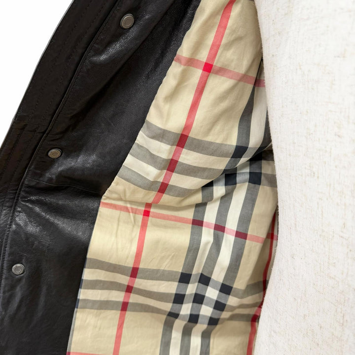 良品△BURBERRY LONDON バーバリーロンドン 裏地ノバチェック柄 ラムレザー ライダースコート ブラック L 正規品 ガーメント・ハンガー付