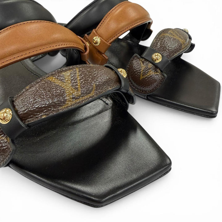 未使用品☆LOUIS VUITTON ルイヴィトン 2024年製 レガシー・ライン レザー モノグラムキャンバス フラット サンダル ブラック 39 伊製