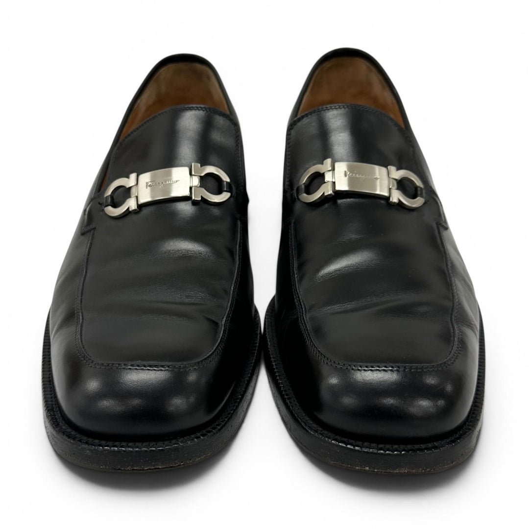 【ドンドン見直し】美品 ▲FERRAGAMO フェラガモ ダブルガンチーニ レザー ローファー ブラック シルバー金具 正規品 10 メンズ