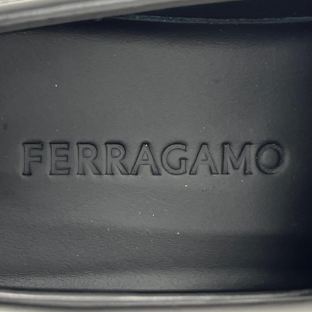 美品▲FERRAGAMO フェラガモ ロゴ型押し バイカラー チャンキーソール レザー ローファー ブラック レッド 5.5 イタリア製 メンズ