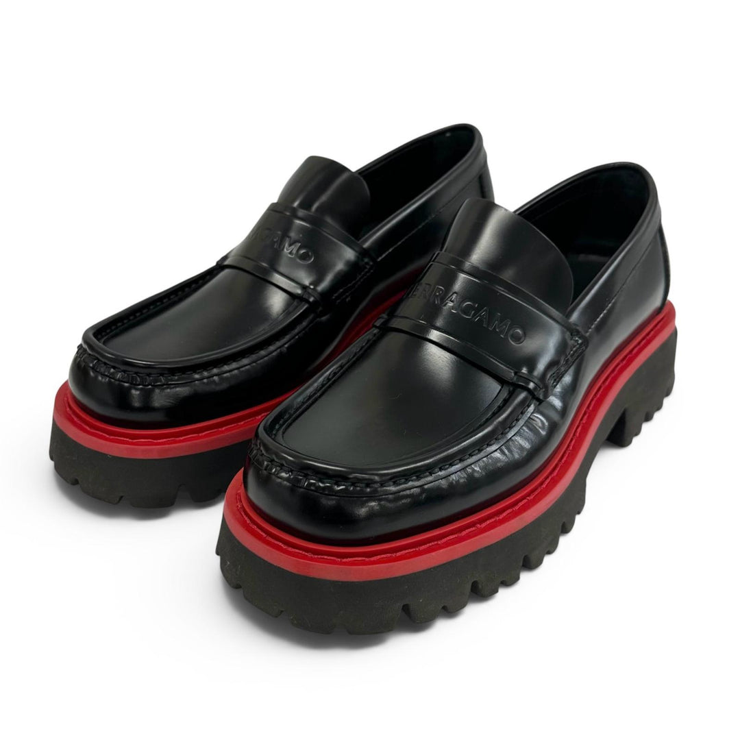 美品▲FERRAGAMO フェラガモ ロゴ型押し バイカラー チャンキーソール レザー ローファー ブラック レッド 5.5 イタリア製 メンズ