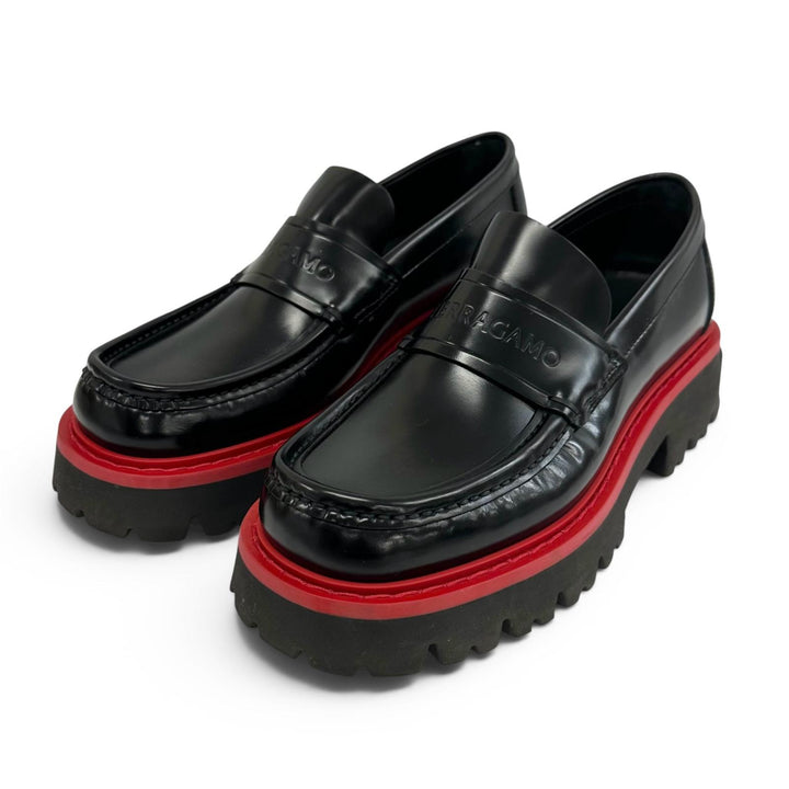美品▲FERRAGAMO フェラガモ ロゴ型押し バイカラー チャンキーソール レザー ローファー ブラック レッド 5.5 イタリア製 メンズ