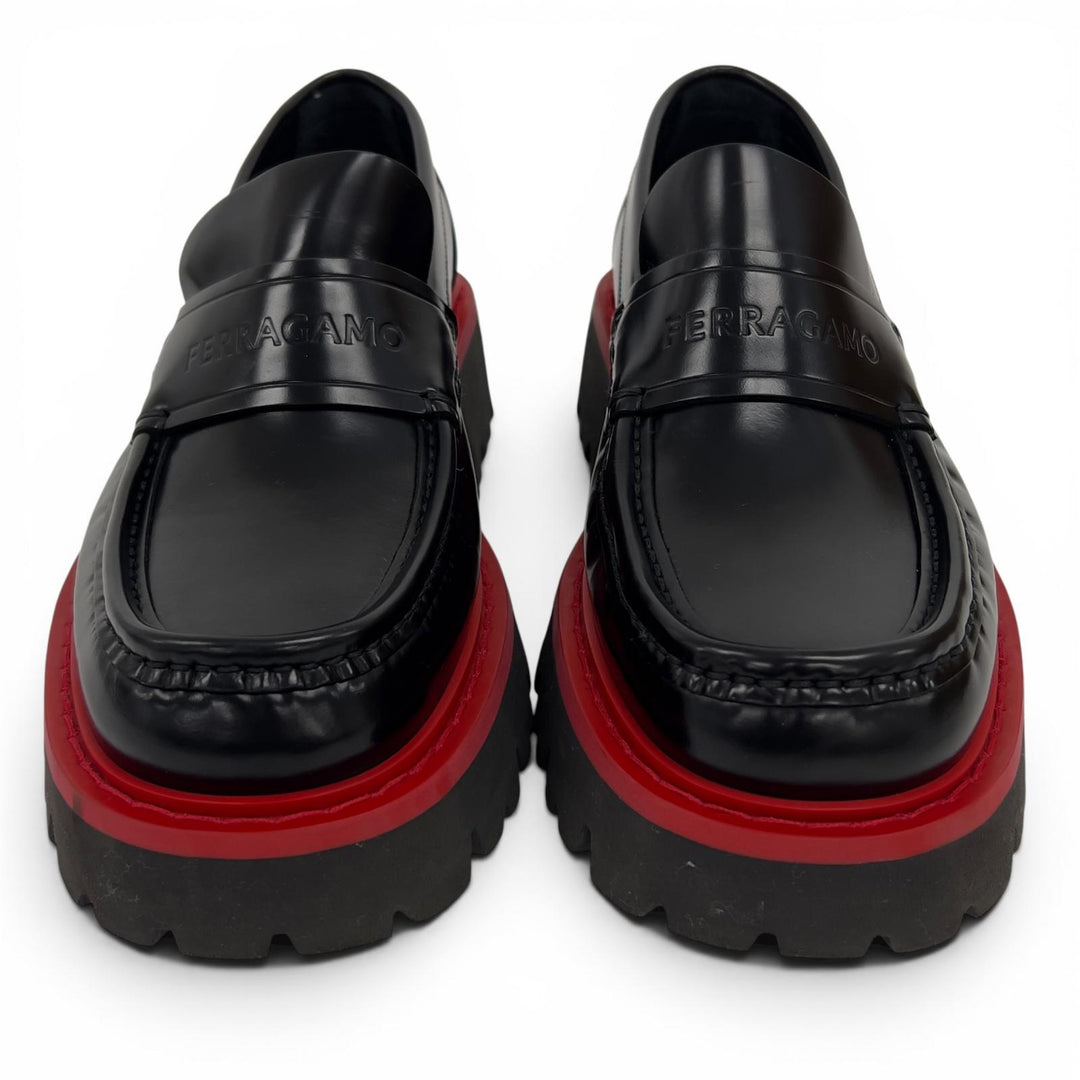 美品▲FERRAGAMO フェラガモ ロゴ型押し バイカラー チャンキーソール レザー ローファー ブラック レッド 5.5 イタリア製 メンズ