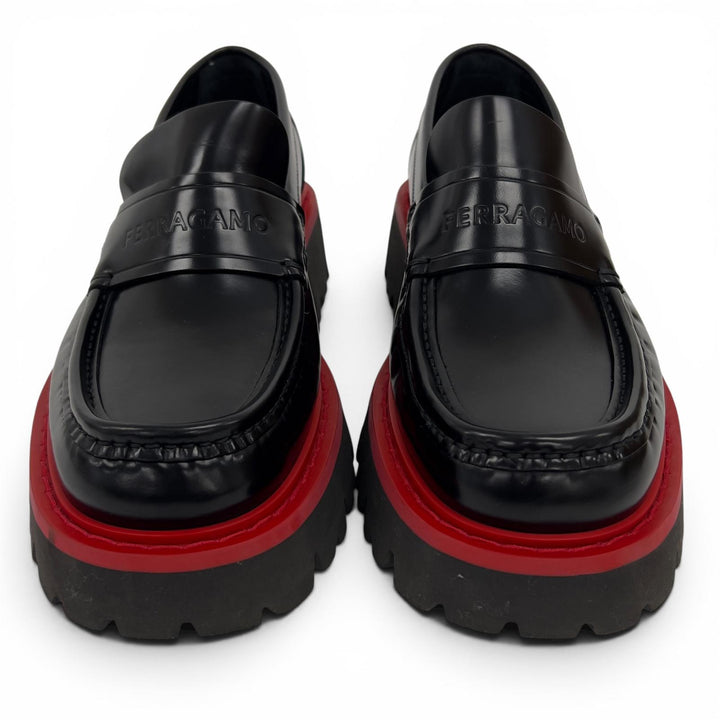 美品▲FERRAGAMO フェラガモ ロゴ型押し バイカラー チャンキーソール レザー ローファー ブラック レッド 5.5 イタリア製 メンズ