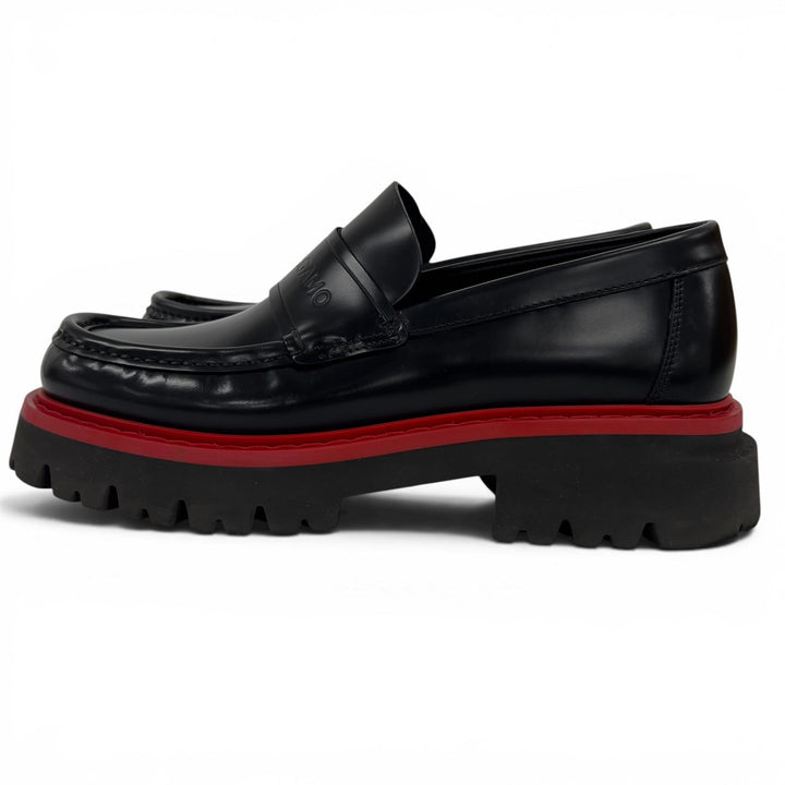 美品▲FERRAGAMO フェラガモ ロゴ型押し バイカラー チャンキーソール レザー ローファー ブラック レッド 5.5 イタリア製 メンズ