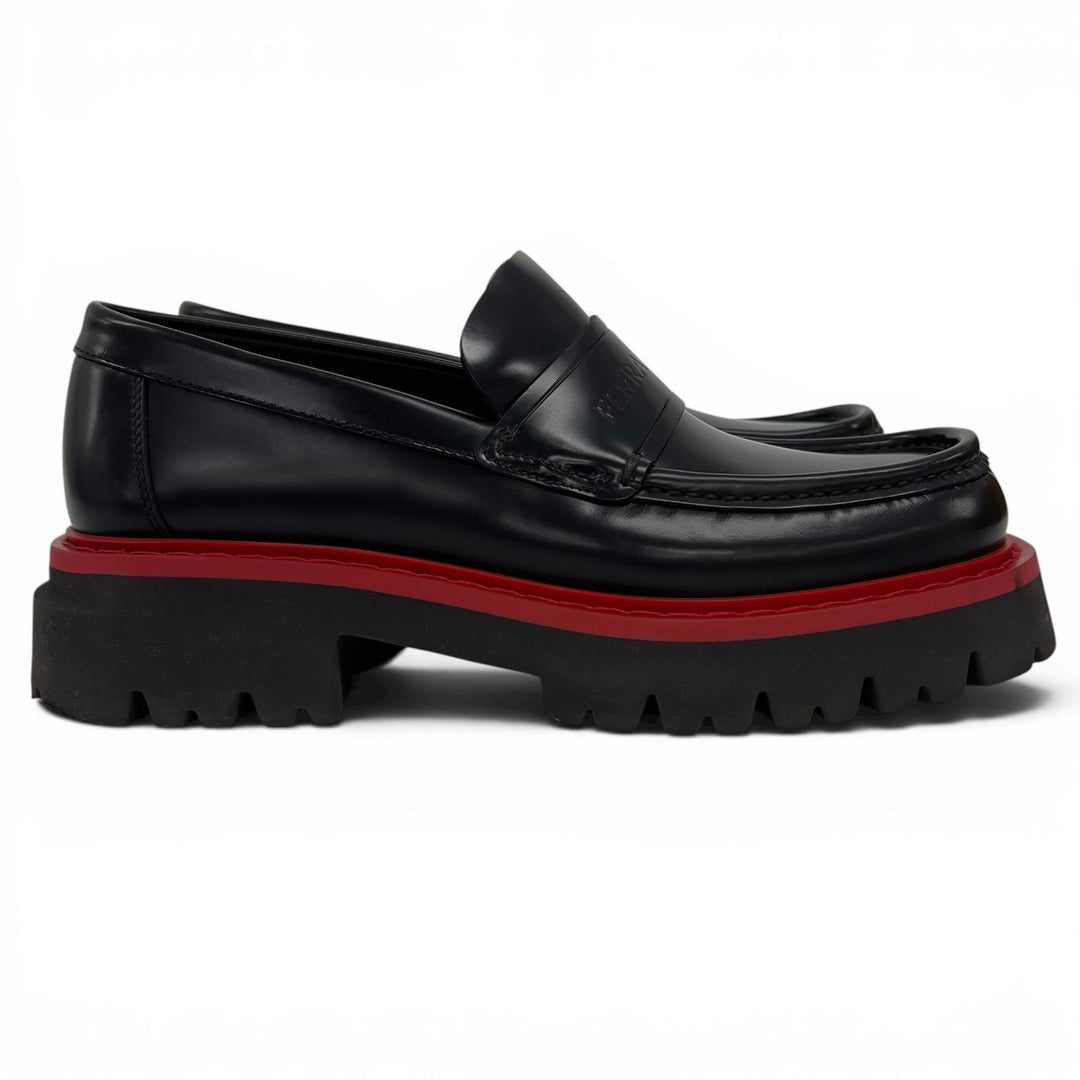 美品▲FERRAGAMO フェラガモ ロゴ型押し バイカラー チャンキーソール レザー ローファー ブラック レッド 5.5 イタリア製 メンズ