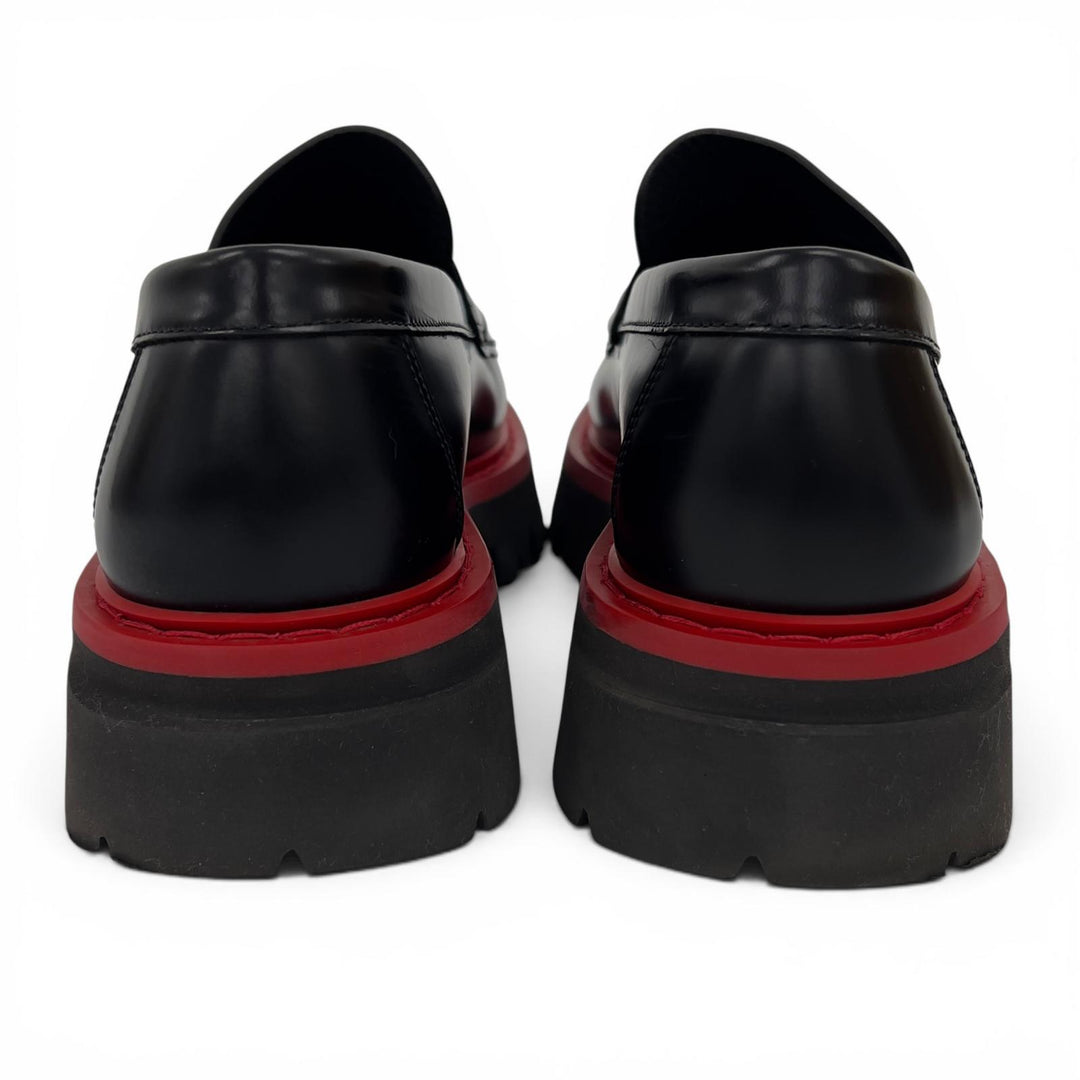 美品▲FERRAGAMO フェラガモ ロゴ型押し バイカラー チャンキーソール レザー ローファー ブラック レッド 5.5 イタリア製 メンズ