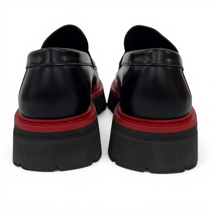 美品▲FERRAGAMO フェラガモ ロゴ型押し バイカラー チャンキーソール レザー ローファー ブラック レッド 5.5 イタリア製 メンズ