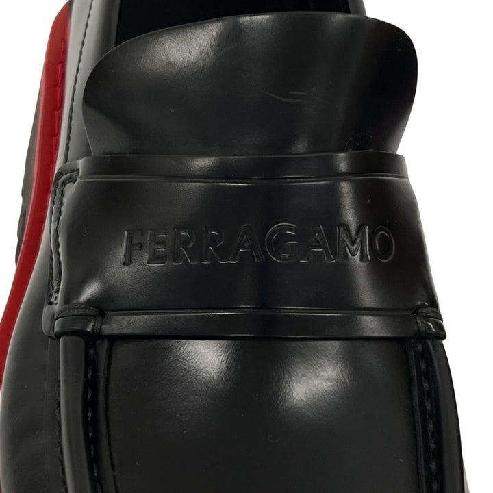 美品▲FERRAGAMO フェラガモ ロゴ型押し バイカラー チャンキーソール レザー ローファー ブラック レッド 5.5 イタリア製 メンズ