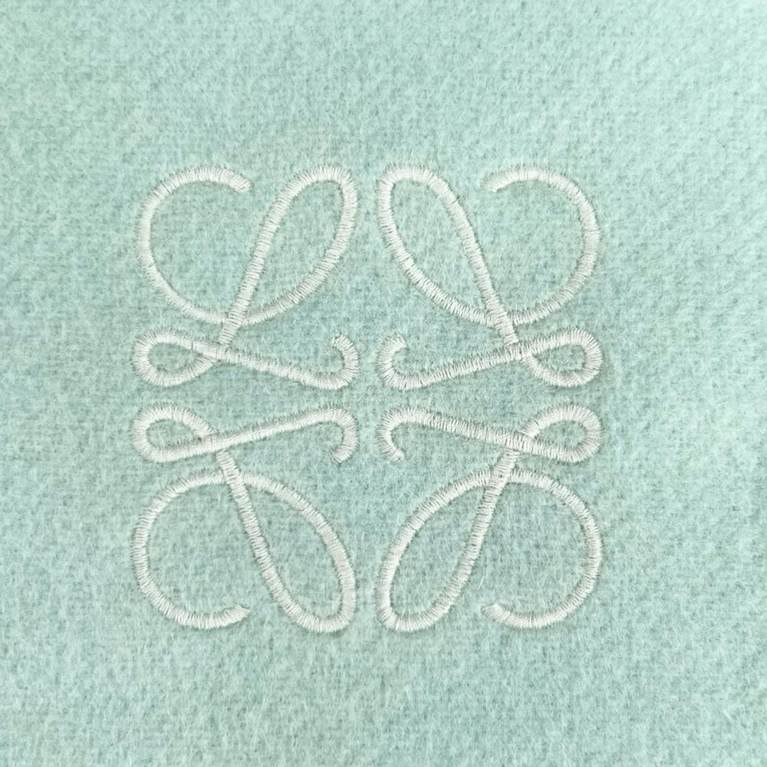 極美品▲LOEWE ロエベ F810250X01 ウール カシミヤ アナグラム刺繍 フリンジ付き マフラー ミントグリーン 正規品 レディース 箱付き