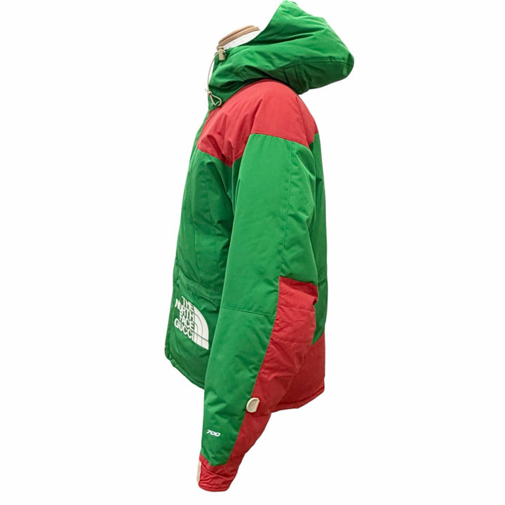 美品△GUCCI THE NORTH FACE グッチ ザ ノースフェイス 663758 マウンテンガイド ダウンジャケット ロゴ刺繍 フード付 グリーン M 正規品