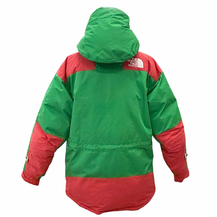 美品△GUCCI THE NORTH FACE グッチ ザ ノースフェイス 663758 マウンテンガイド ダウンジャケット ロゴ刺繍 フード付 グリーン M 正規品