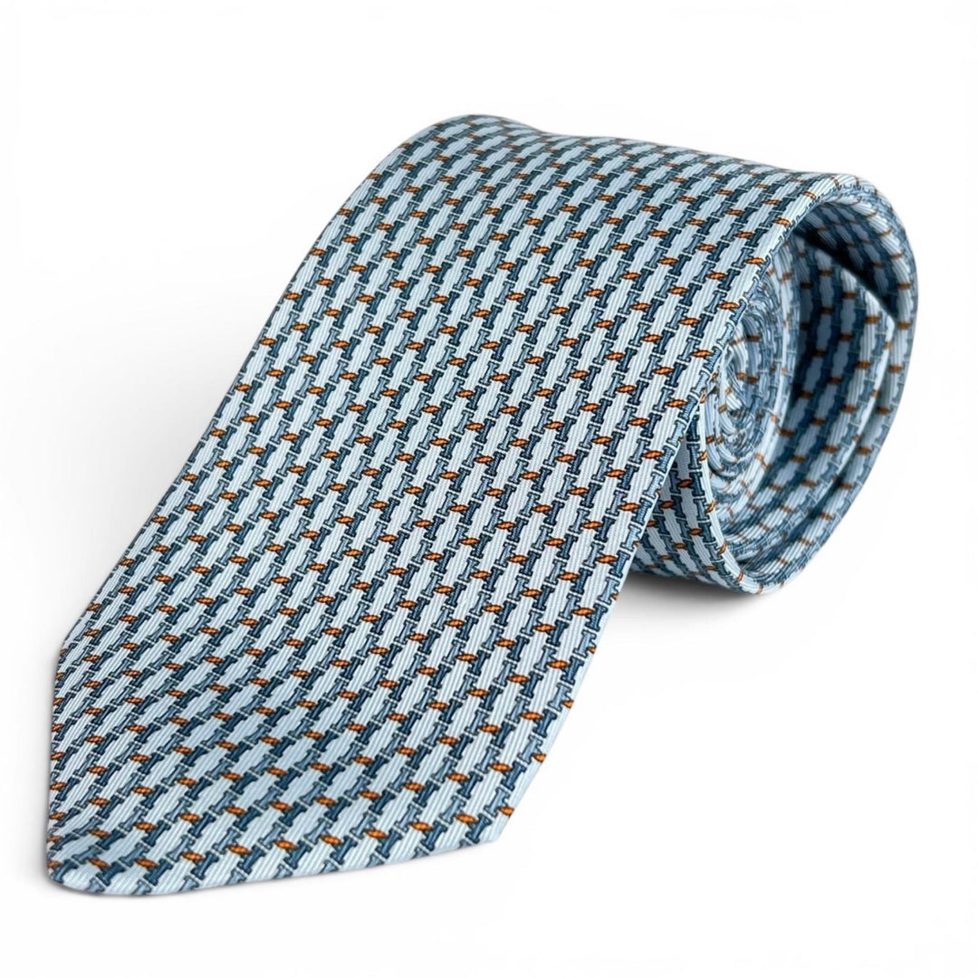 未使用品▲HERMES エルメス 2025年製 006376T H TWIST シルク100% ネクタイ ライトブルー オレンジ フランス製 メンズ 箱付き