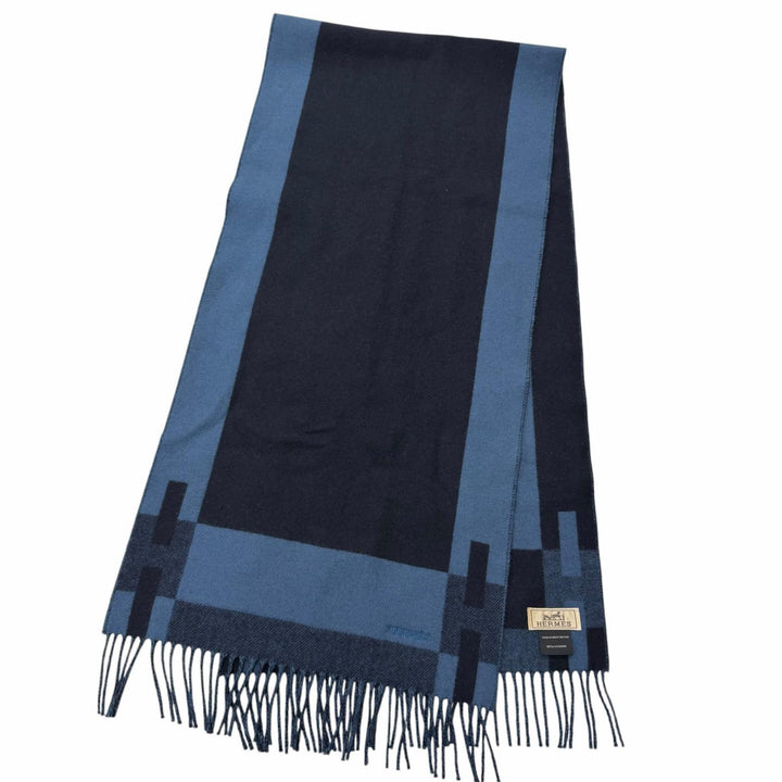 極美品□HERMES エルメス カシミヤ100％ Hパッサン ロゴ刺繍 ショール ストール フリンジマフラー ネイビー ブルー 英国製 メンズ