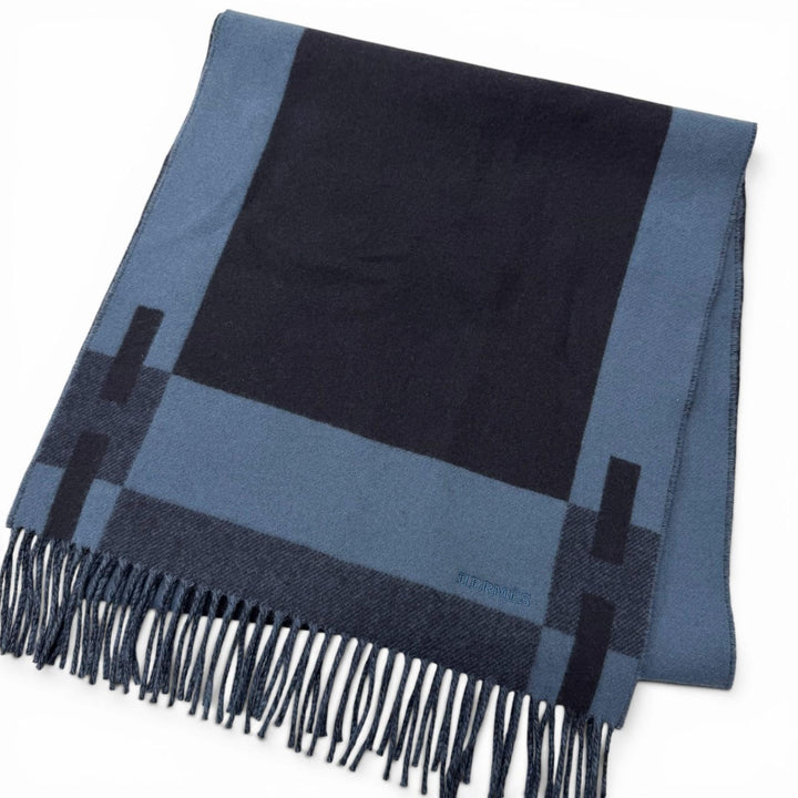 極美品□HERMES エルメス カシミヤ100％ Hパッサン ロゴ刺繍 ショール ストール フリンジマフラー ネイビー ブルー 英国製 メンズ