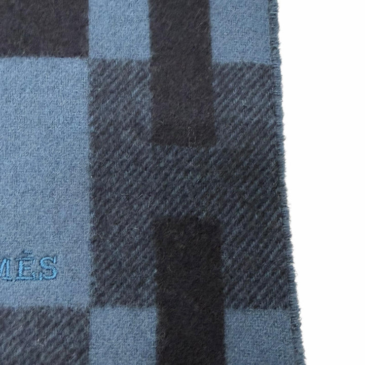 極美品□HERMES エルメス カシミヤ100％ Hパッサン ロゴ刺繍 ショール ストール フリンジマフラー ネイビー ブルー 英国製 メンズ